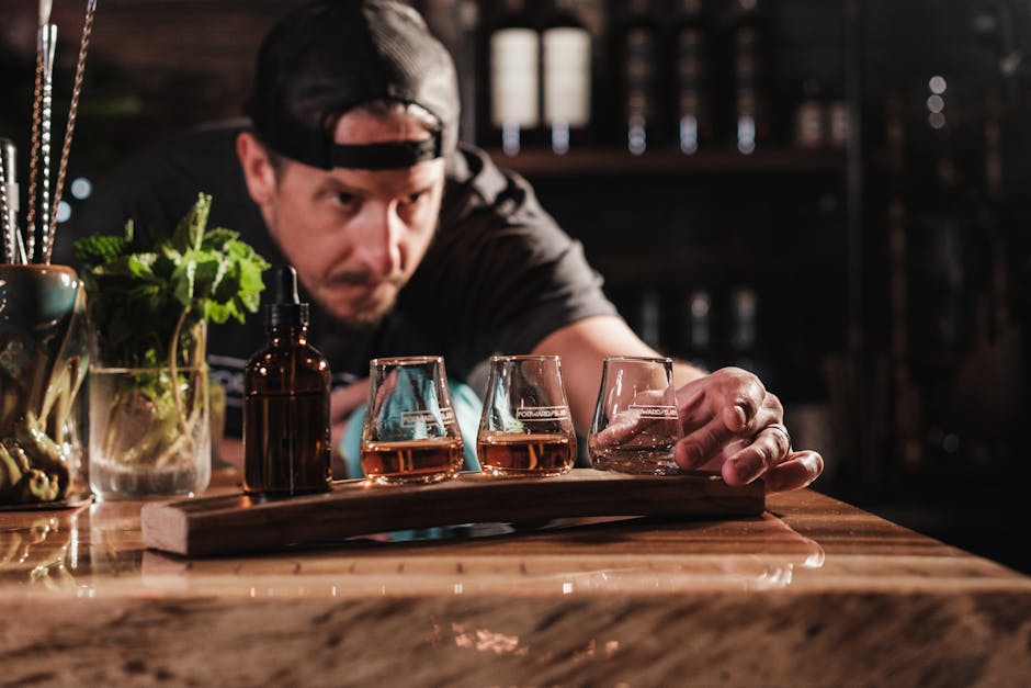 Irish whiskey tasting flight wooden board artisan bar