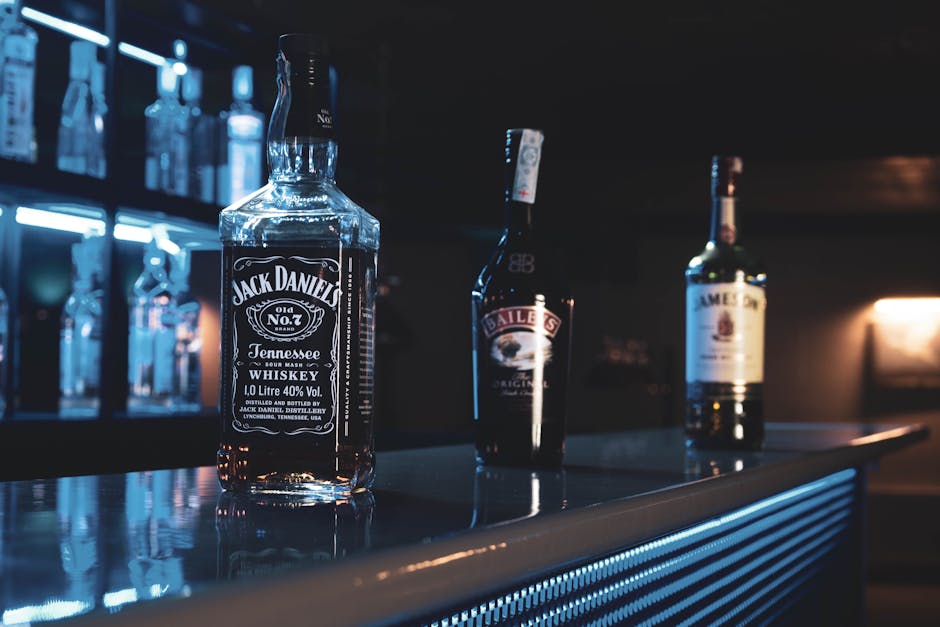 Irish whiskey bottles lineup bar counter