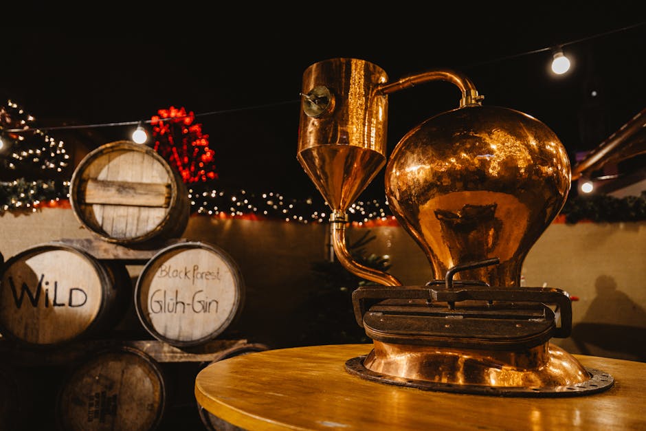 European craft gin distillery, botanical ingredients, copper pot still