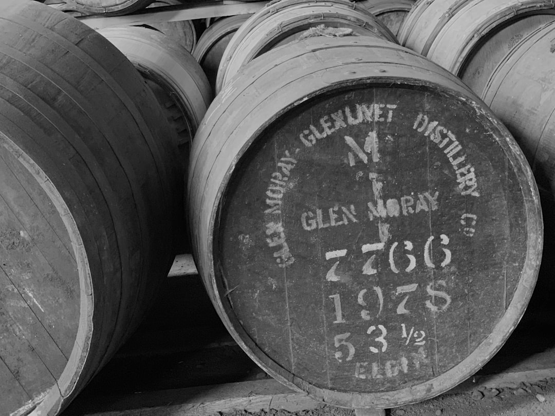Scotland distillery landscape, whisky cask barrel aging