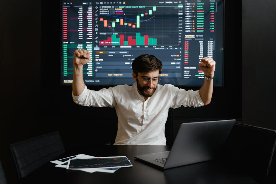 US stock market chart, Korean investor laptop, NYSE trading floor